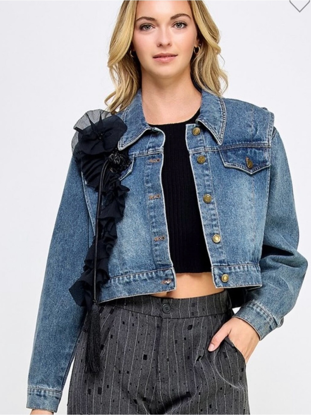 Cropped Blue Denim Jacket with Black Floral Trim